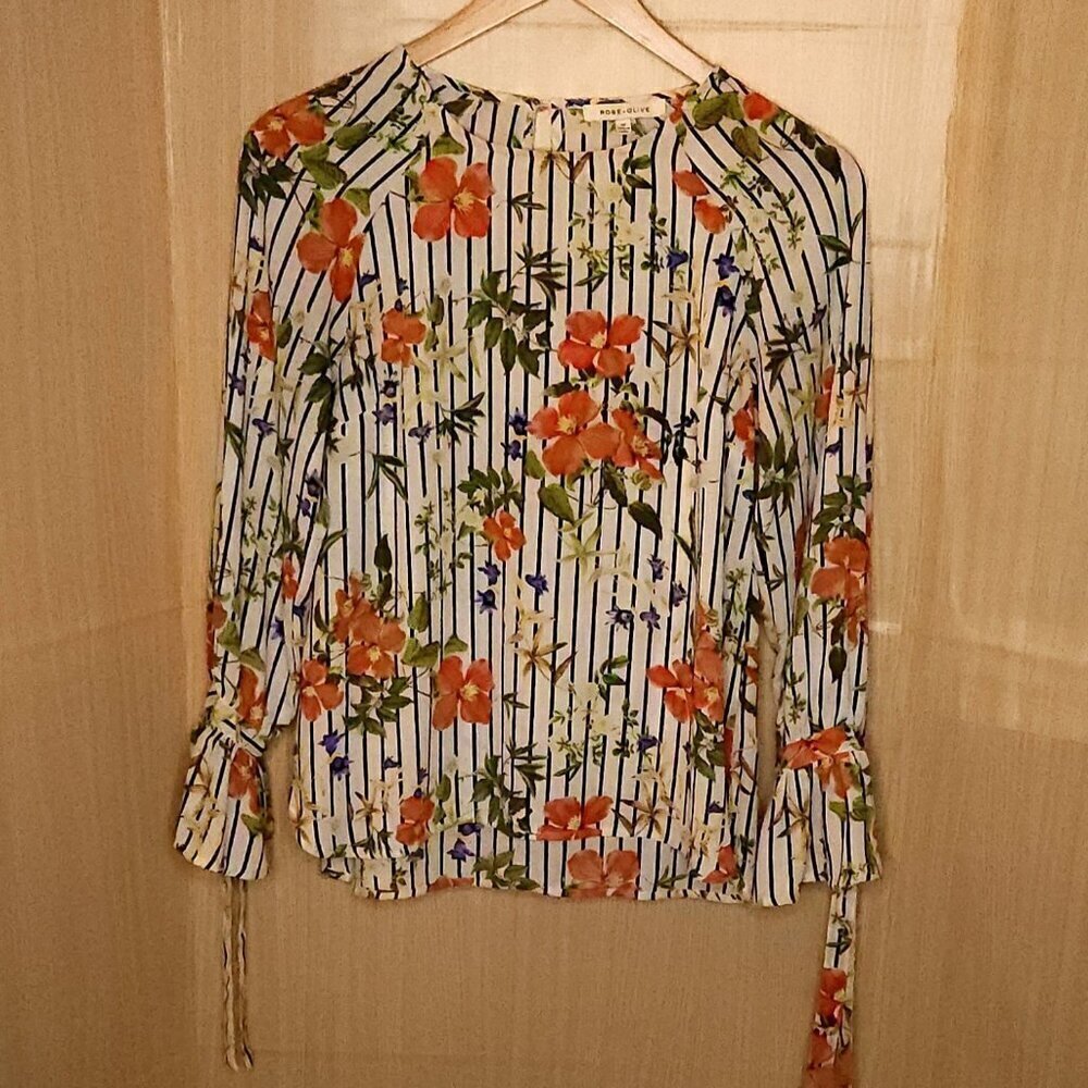 Rose + Olive Womens Striped Floral Bell Sleeve Blouse XS